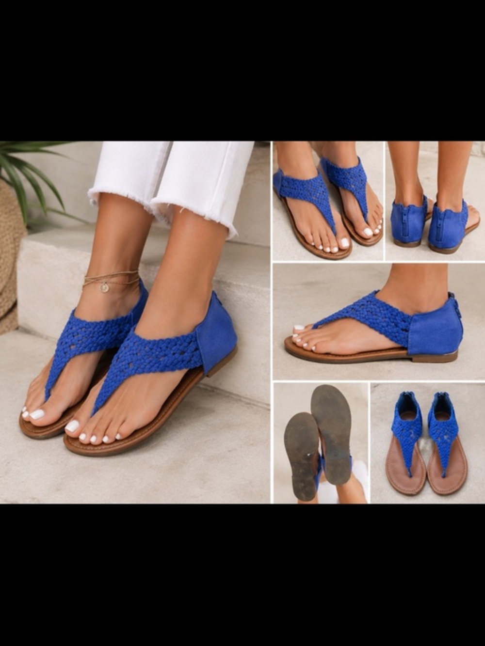 Gabriella Rocha Blue Woven T-Strap Sandals Size 9 Boho Zip Back Flat Sandals